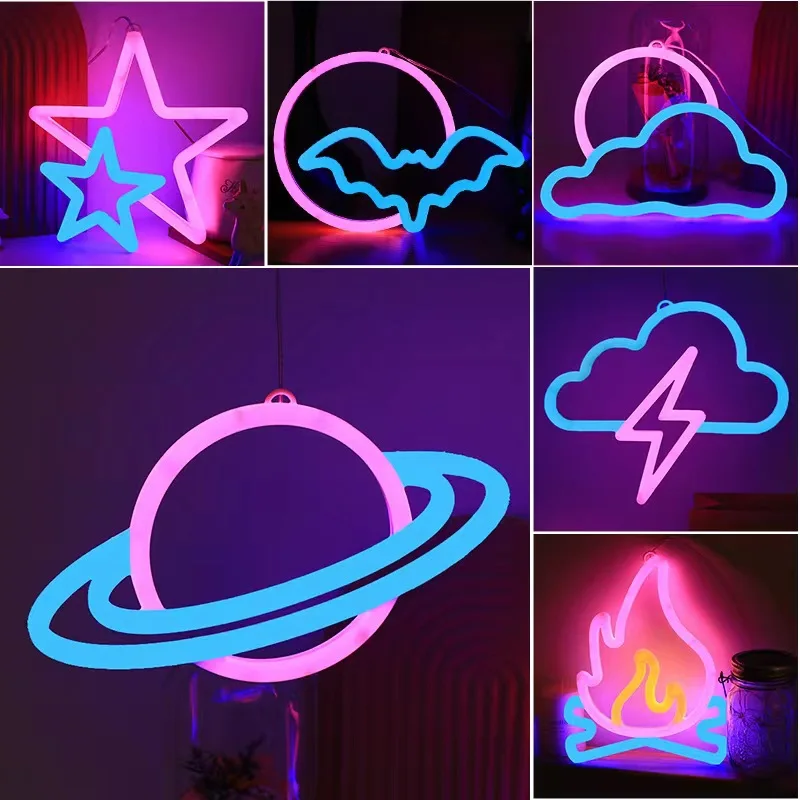 Neon wall lights in fun shapes like stars and planets, enhancing a Foosball Table for Sale area.