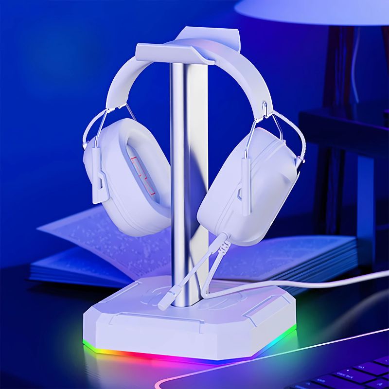 Sleek RGB headset stand adds function and style to gaming decoration setup.