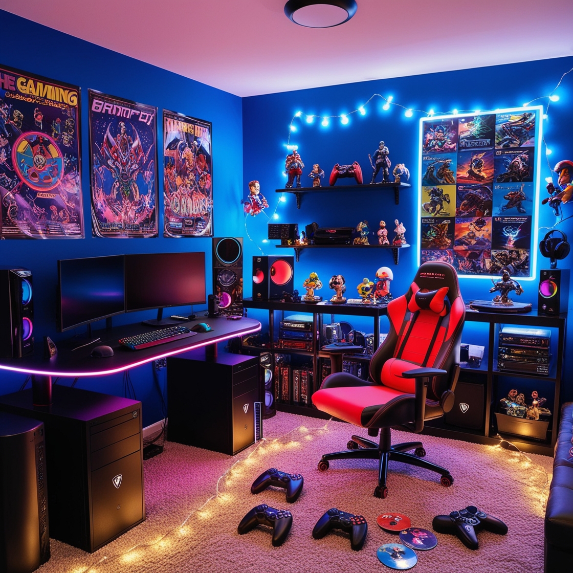 Gaming decoration setup with LED lighting, posters, and collectibles for a vibrant vibe.