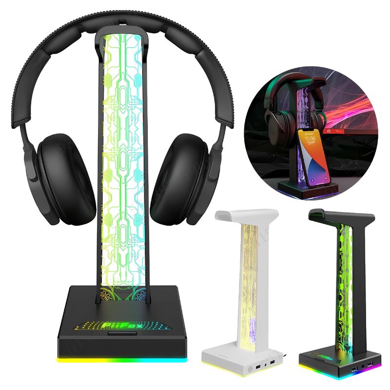 Headset stand with built-in RGB lighting is a functional and stylish game room supply.