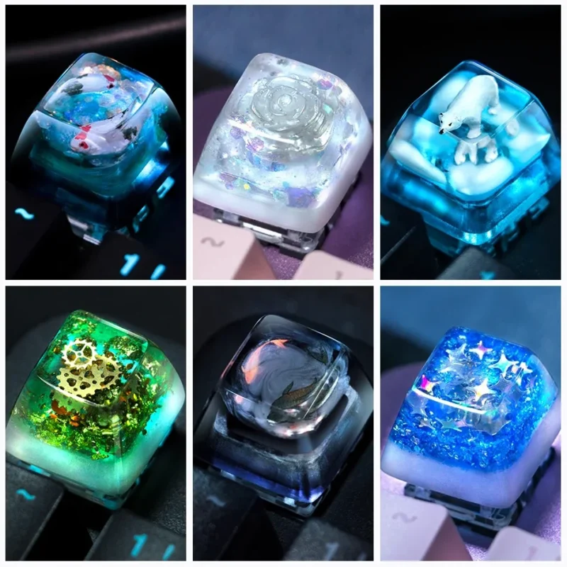 Custom keycaps with intricate designs, a great accent for a hockey table gaming setup.