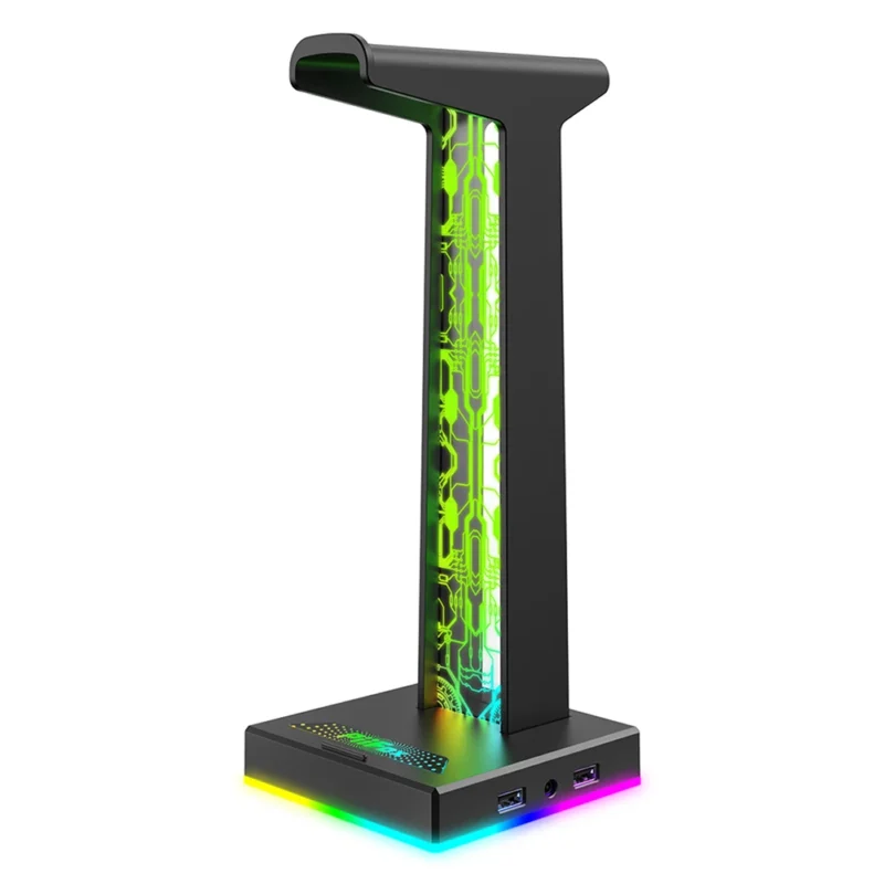 Stylish RGB headphone stand with a futuristic design, perfect for gaming and foosball tables.