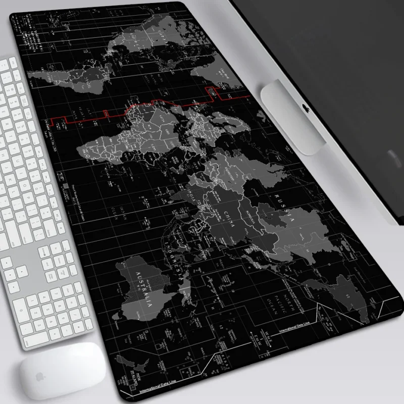 Black world map desk mat ideal for organizing Pockey Table gaming accessories.