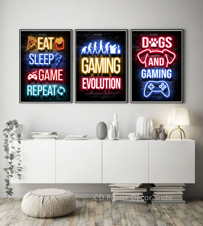 Neon wall art featuring gaming-themed designs for Pockey Table rooms.